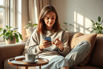 Ein entspannter Nutzer, der sein Smartphone stressfrei verwendet, um Alltag und digitale Aufgaben zu managen.