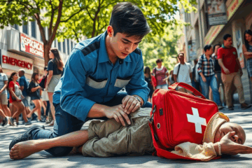 Illustration einer Person, die Erste Hilfe in einem Notfall leistet.