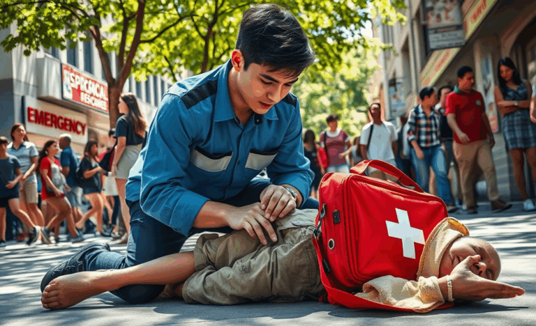 Illustration einer Person, die Erste Hilfe in einem Notfall leistet.